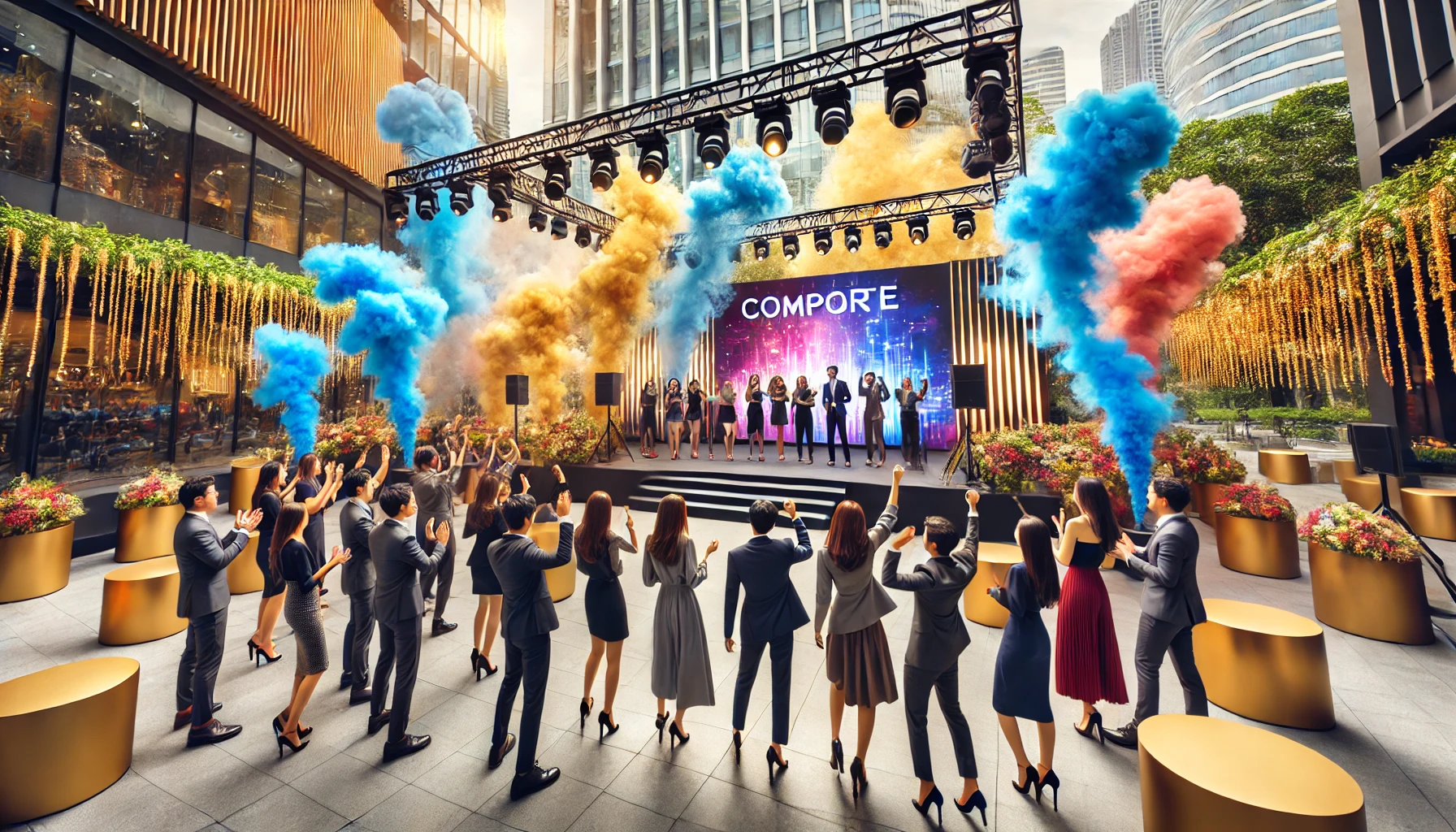 A grand corporate event takes place in an elegant outdoor venue, featuring a diverse group of professionals cheering towards a stage with a large digital screen. Blue, gold, and red smoke bombs rise in the background, adding a dynamic and celebratory touch to the scene.